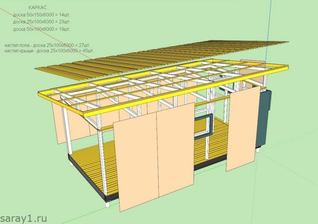 Чертеж сарая 6х3 с односкатной крышей из дерева с размерами